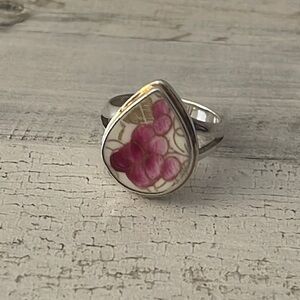 Silver Pink and White Floral Ceramic Ring.